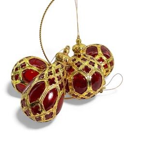 💚Set of 4 Elegant Large Red and Gold Filigree Plastic Christmas Tree Ornaments
